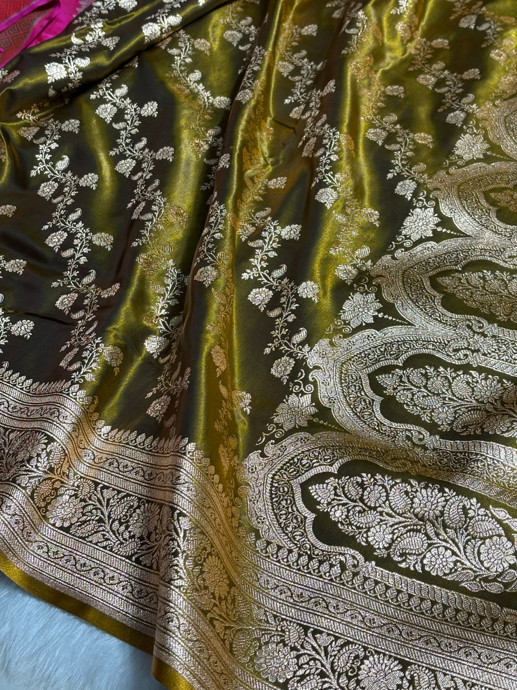 Dark Mahendi Shades Banarasi  Cross Jaal Satin Silk Saree SS11