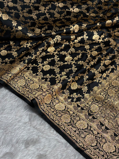 Black Shades Jaal Floral Pattern Satin Katan Silk Saree SK80
