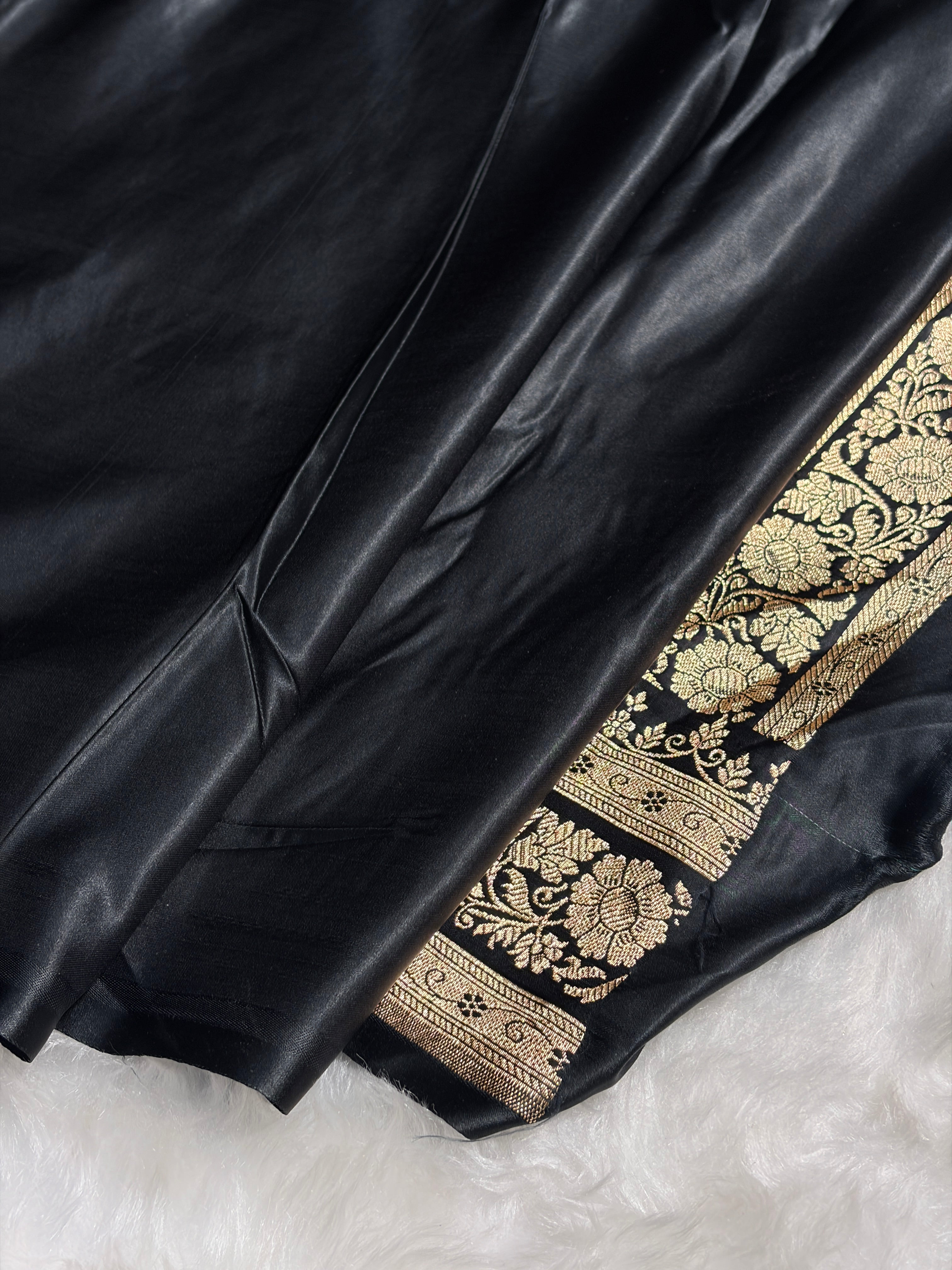 Black Floral Jaal Pattern Satin Katan Silk saree SK42