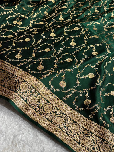 Banarasi Satin Katan Saree in Jaal Pattern Bottle Green Shades SK86