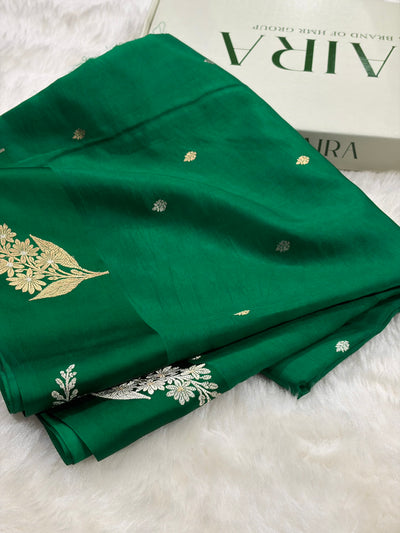 Banarasi Bottle Green Shades Meena Boota Handwoven Pure Katan Paper Silk RM-73