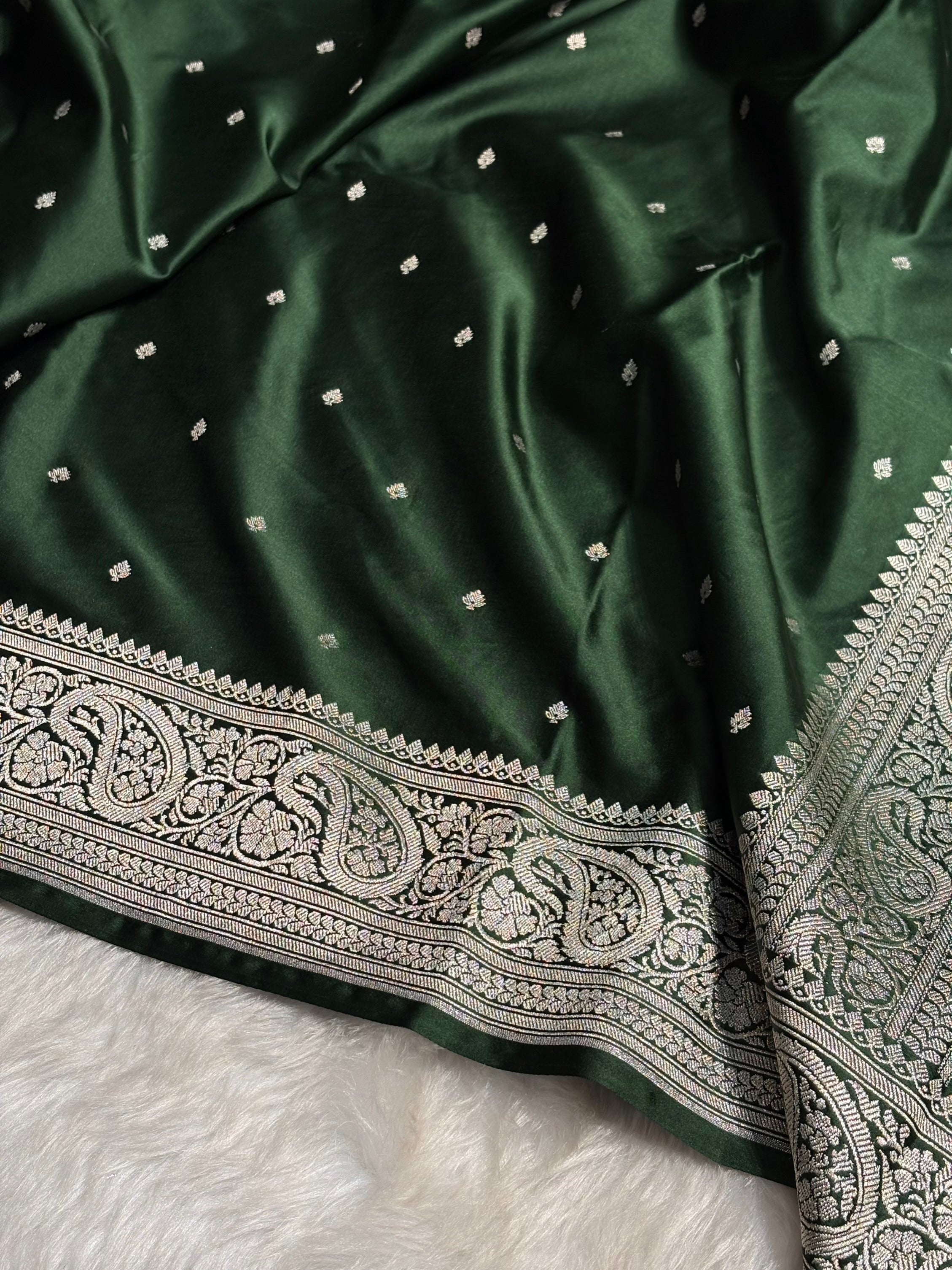 Bottle Green Tone Booti Mashru Silk Saree