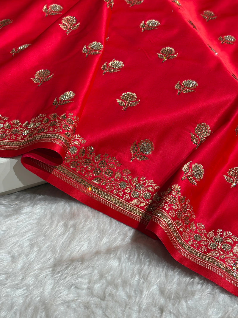 Banarasi Cross Red Floral Booti With Swarovski Work Katan Silk Saree BSK23