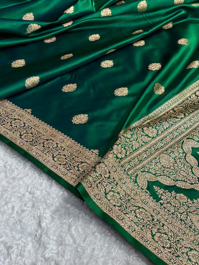 Cross Green Treditional Banarasi Booti Pattern Satin Katan Silk Saree SK65