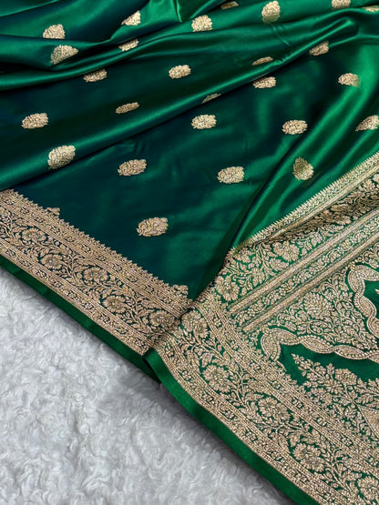 Cross Green Treditional Banarasi Booti Pattern Satin Katan Silk Saree SK65