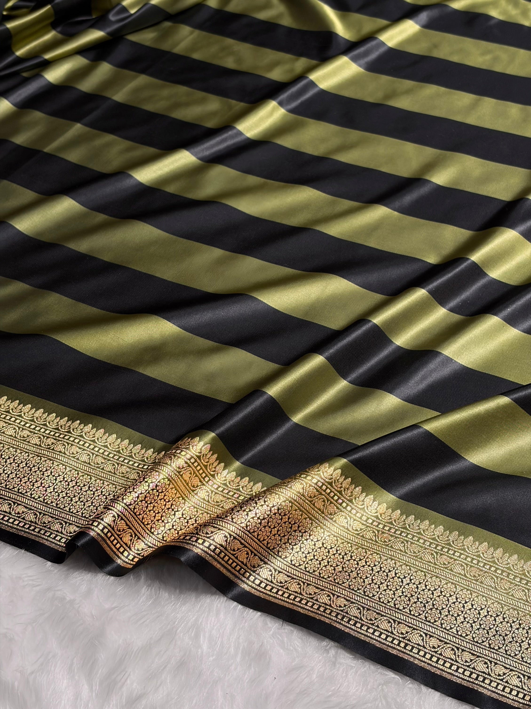 Olive With Black Horizontal Strips Floral Border & Brocket Blouse Mashru Silk Saree MSM-84