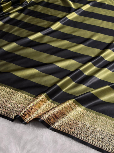 Olive With Black Horizontal Strips Floral Border & Brocket Blouse Mashru Silk Saree MSM-84