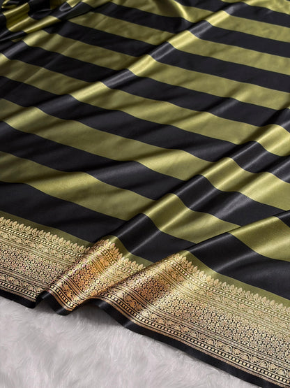 Olive With Black Horizontal Strips Floral Border & Brocket Blouse Mashru Silk Saree MSM-84