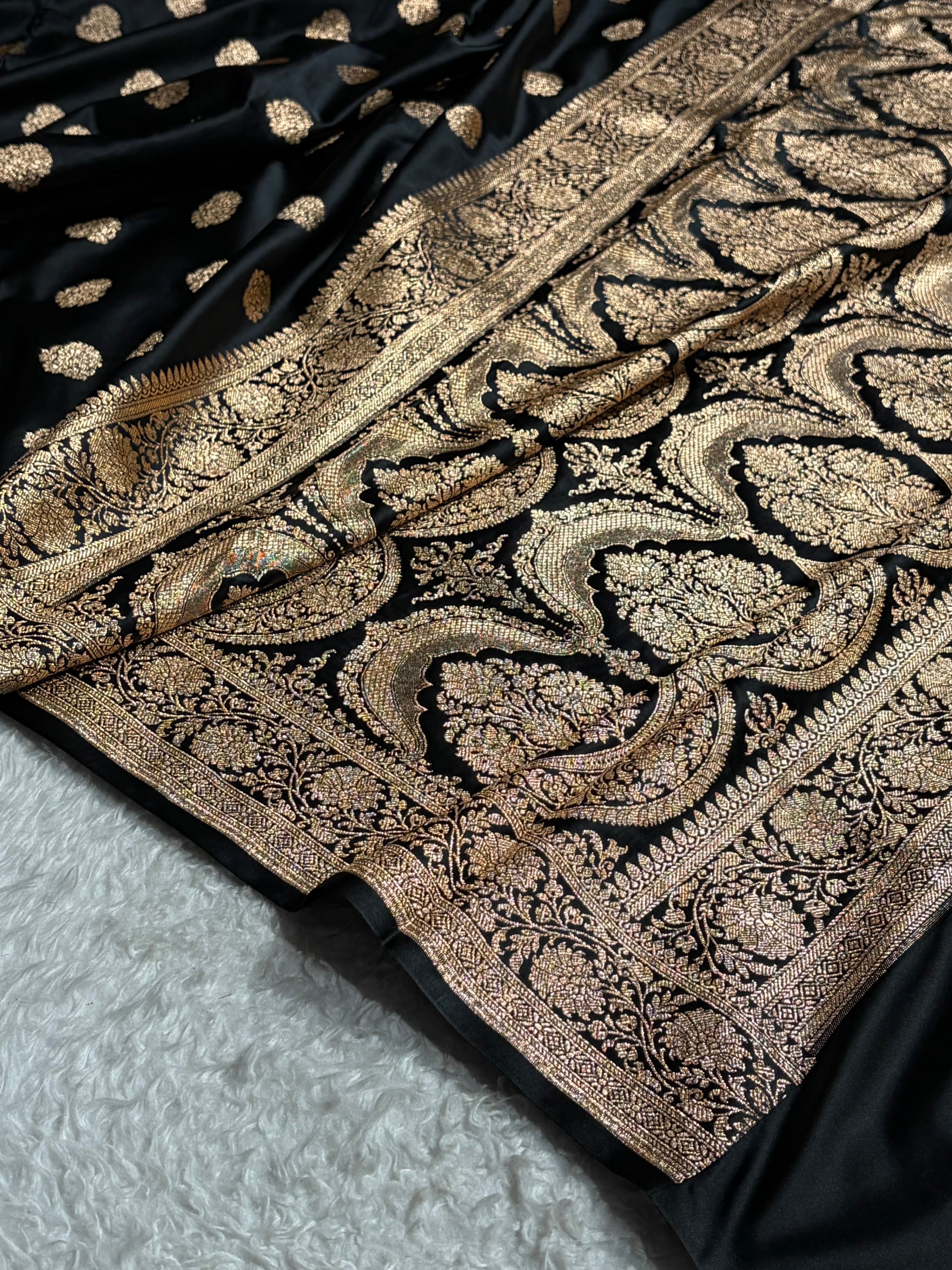 Banarasi Satin Katan Saree With Boota in Black Shades SK109