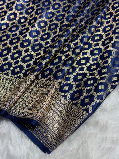 Sky Blue With German Blue Horizontal Strips Floral Border & Brocket Blouse Mashru Silk Saree MSM-84