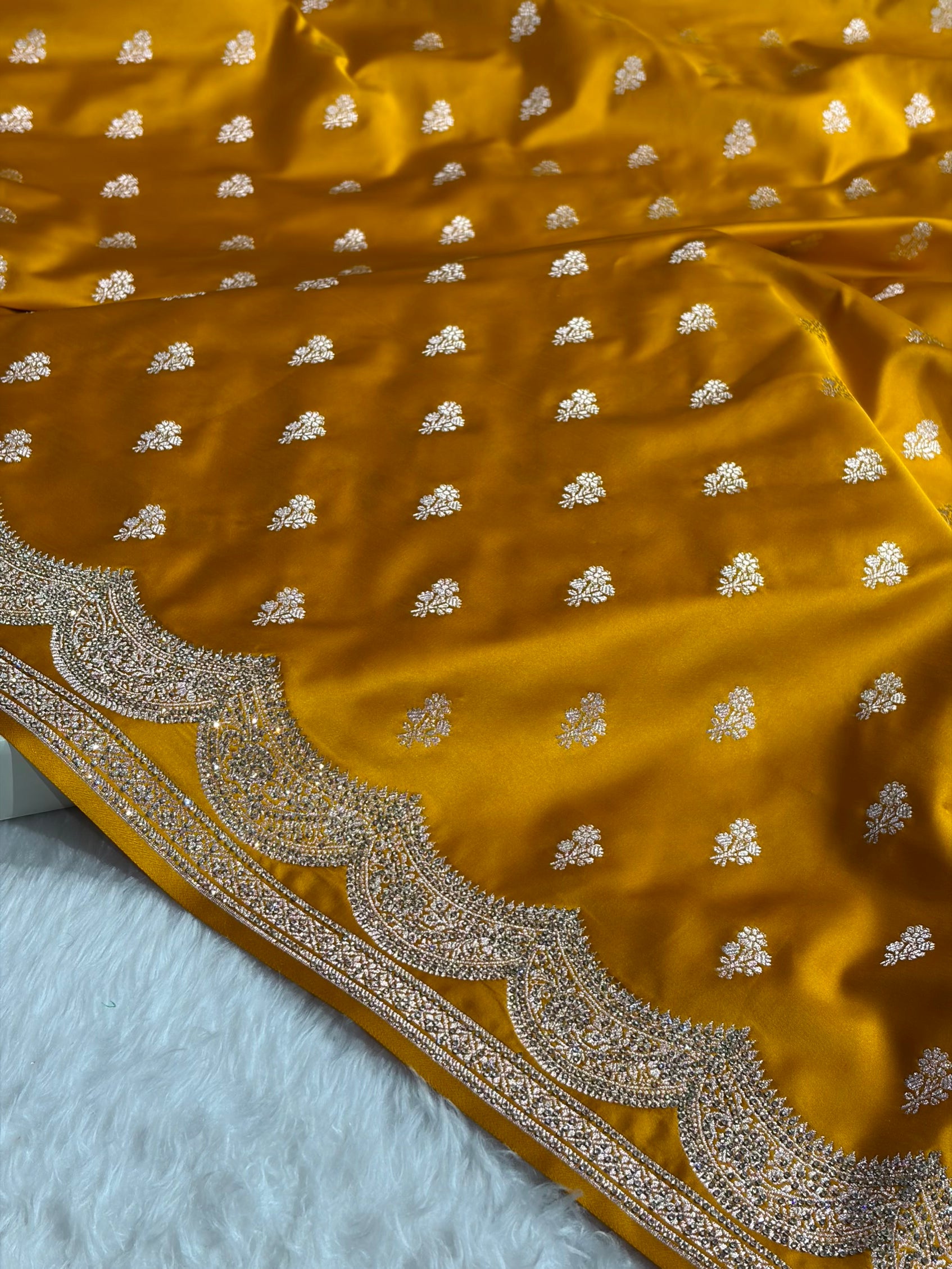 Banarasi Mustard Scallop Mashru Silk with White Stone Swarovski work BMS02