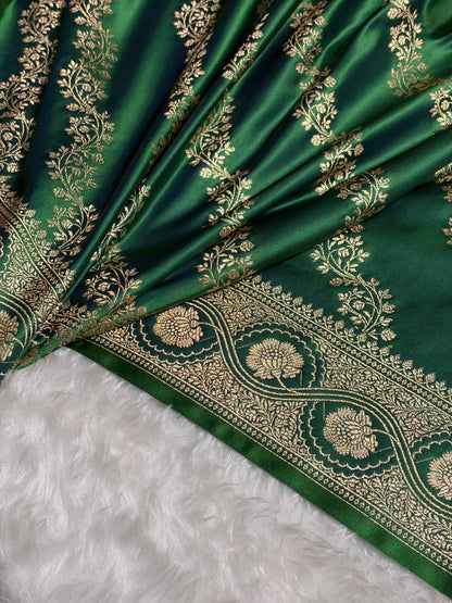 Cross Green Floral Cross Pattern Satin Katan Silk Saree SK74