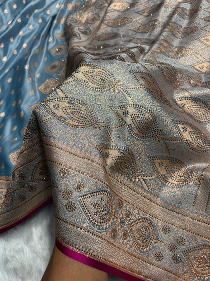 Sky Blue Swarovski Work Booti Satin Katan Silk Saree BSK10