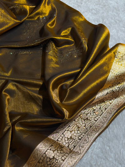 Light Weight Mehndi Gold Satin Silk Saree with Swarovski work BSS14