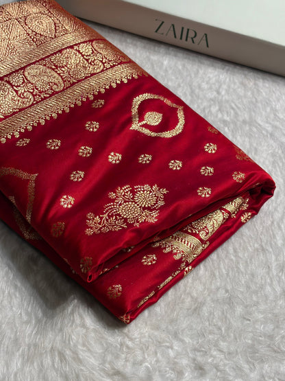 Banarasi Satin Katan Saree With Unique Boota in Red Shades SK92