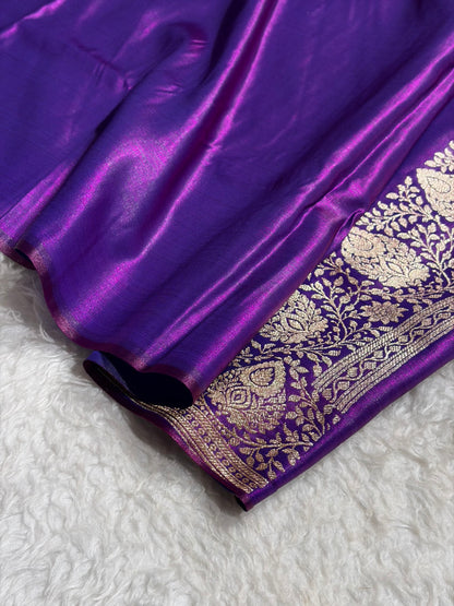 Satin Silk Saree Floral Boota in Cross Purple Shades SS28