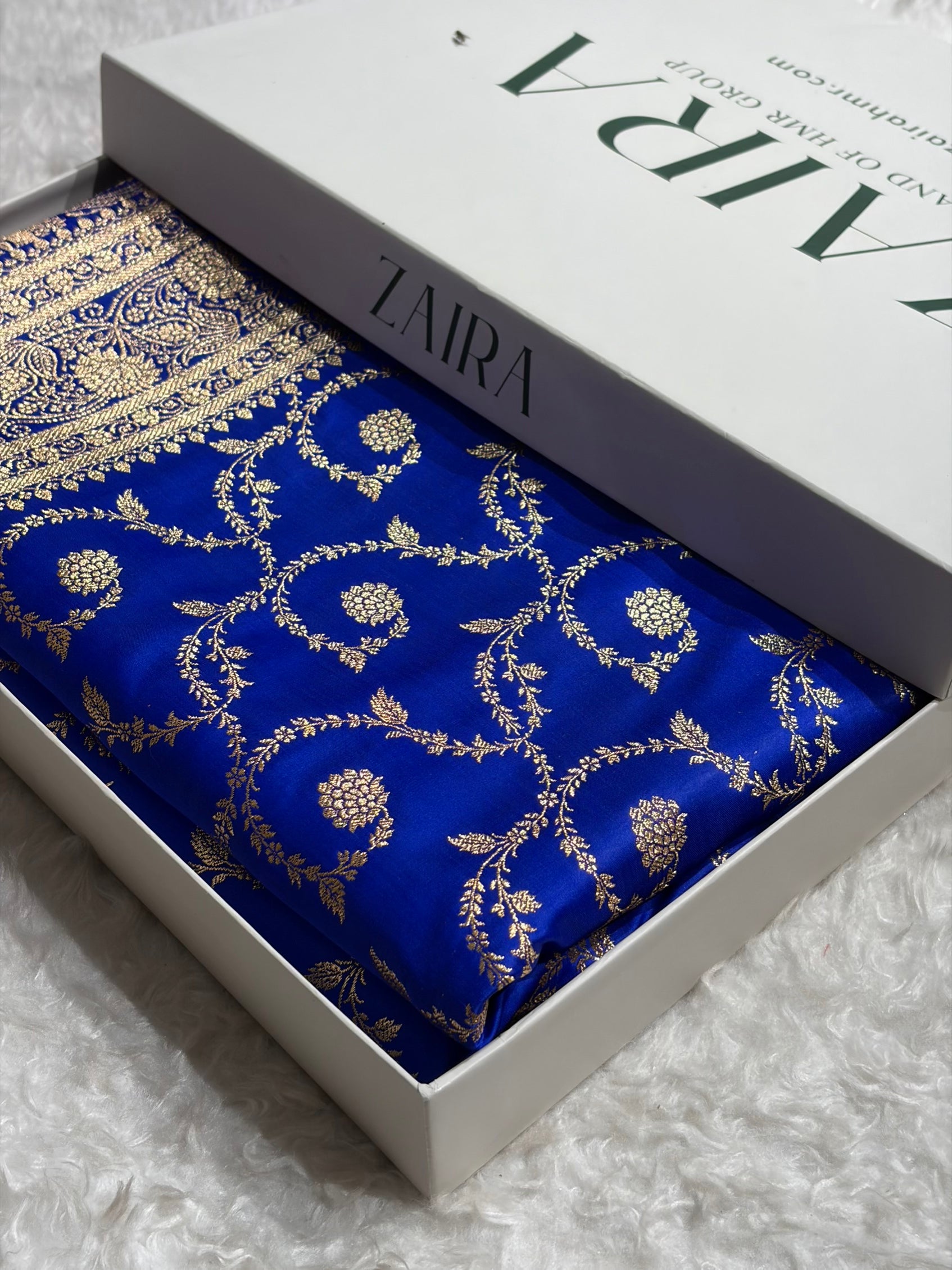 Royal Blue Shades Floral Jaal Pattern Satin Katan Silk saree SK55