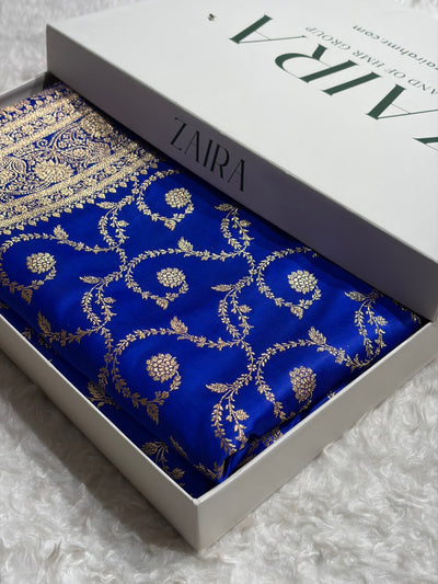 Royal Blue Shades Floral Jaal Pattern Satin Katan Silk saree SK55