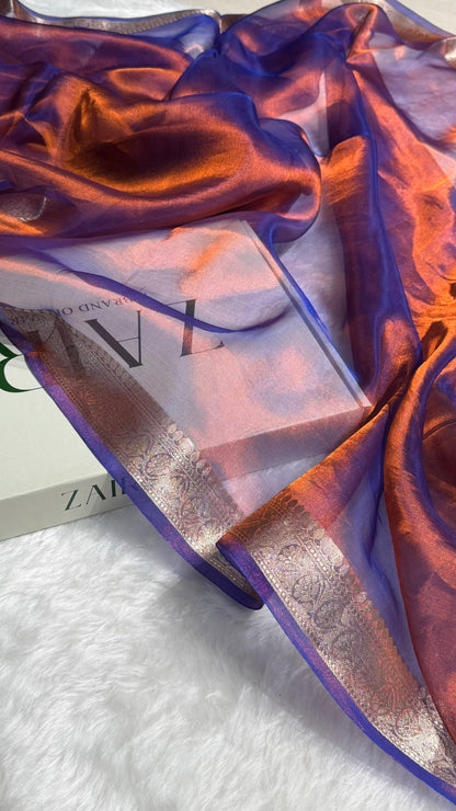 Rustic Royal Blue Shades Pure Tissue Silk Saree with Brocade Blouse PT-09