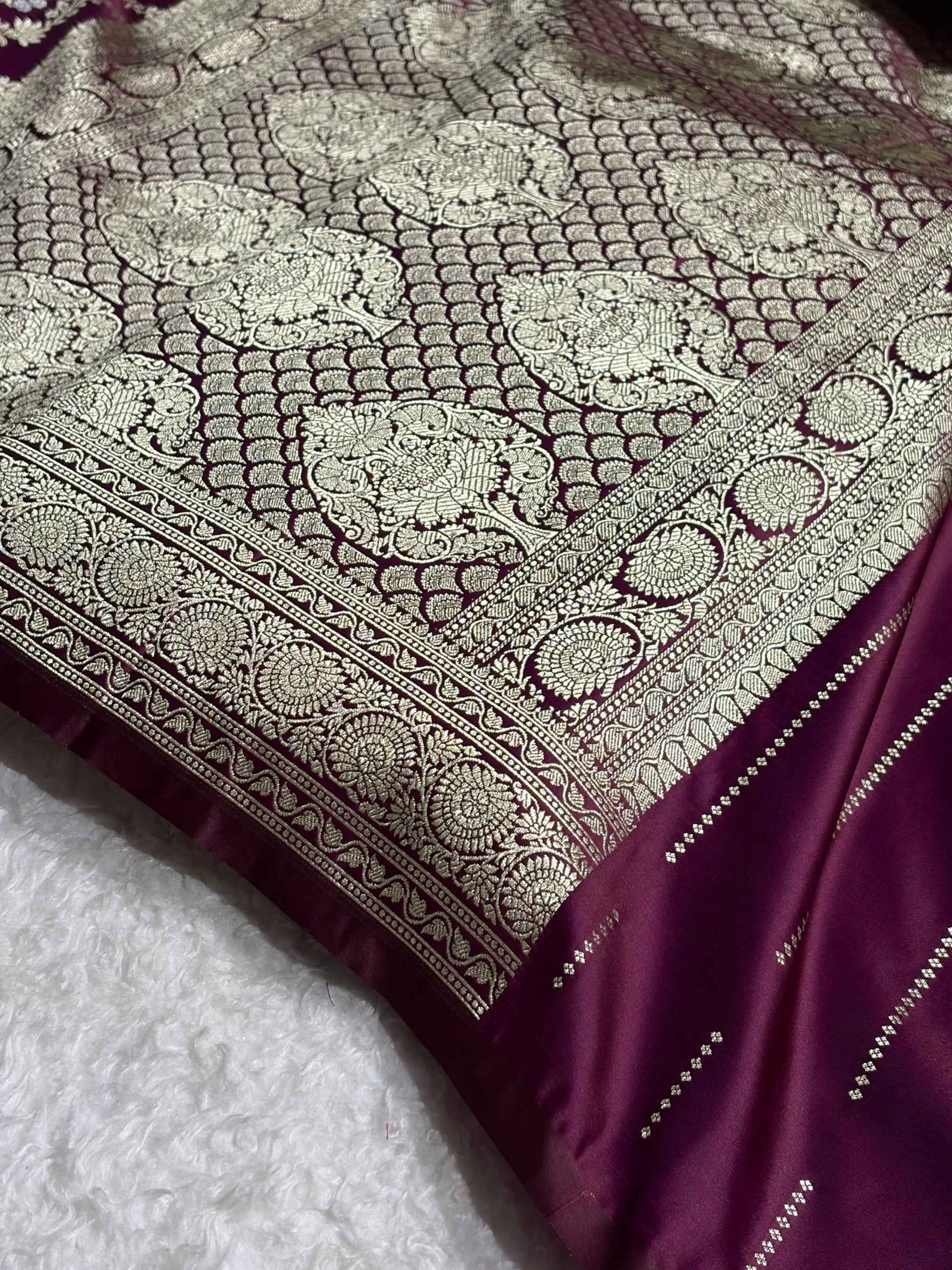 Banarasi Satin Katan Saree With Minakari Jaal Pattern in Wine Shades SK126