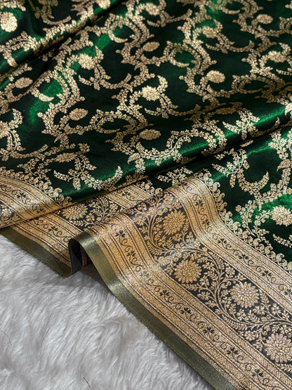 Bottle Green Contrast Shades Jaal Pattern Banarasi Satin Silk Saree SS47