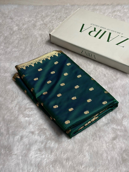 Cross Green Floral Pattern Satin Katan Silk Saree SK76