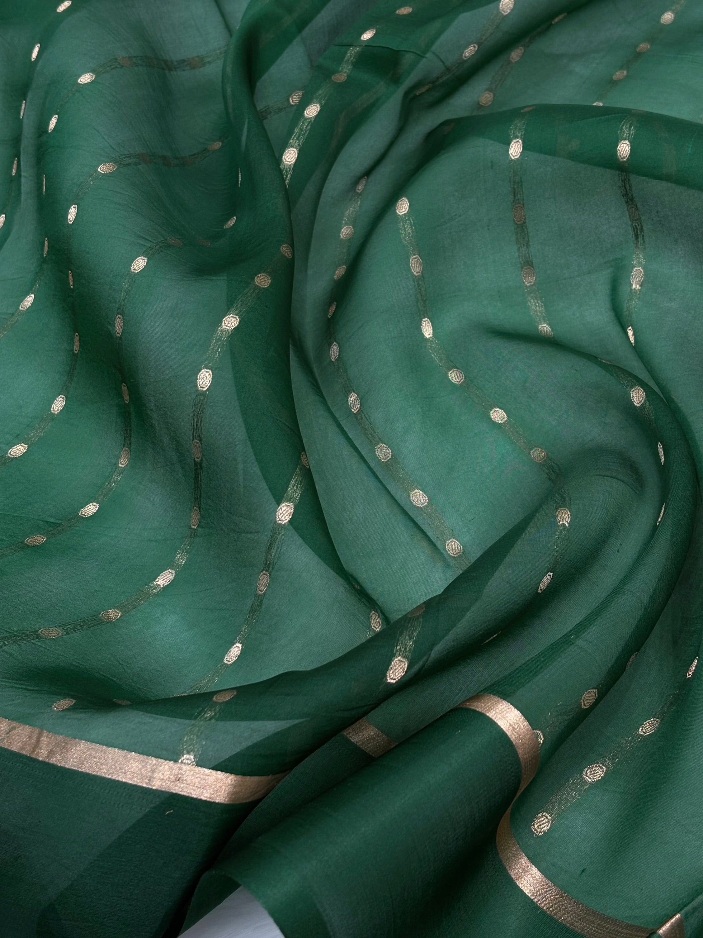 Pure Organza Dark Bottle Green Floral Banarasi Silk Saree PO-03