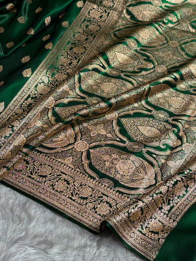 Bottle Green Shades Booti Pattern Banarasi Satin Silk Saree SS58