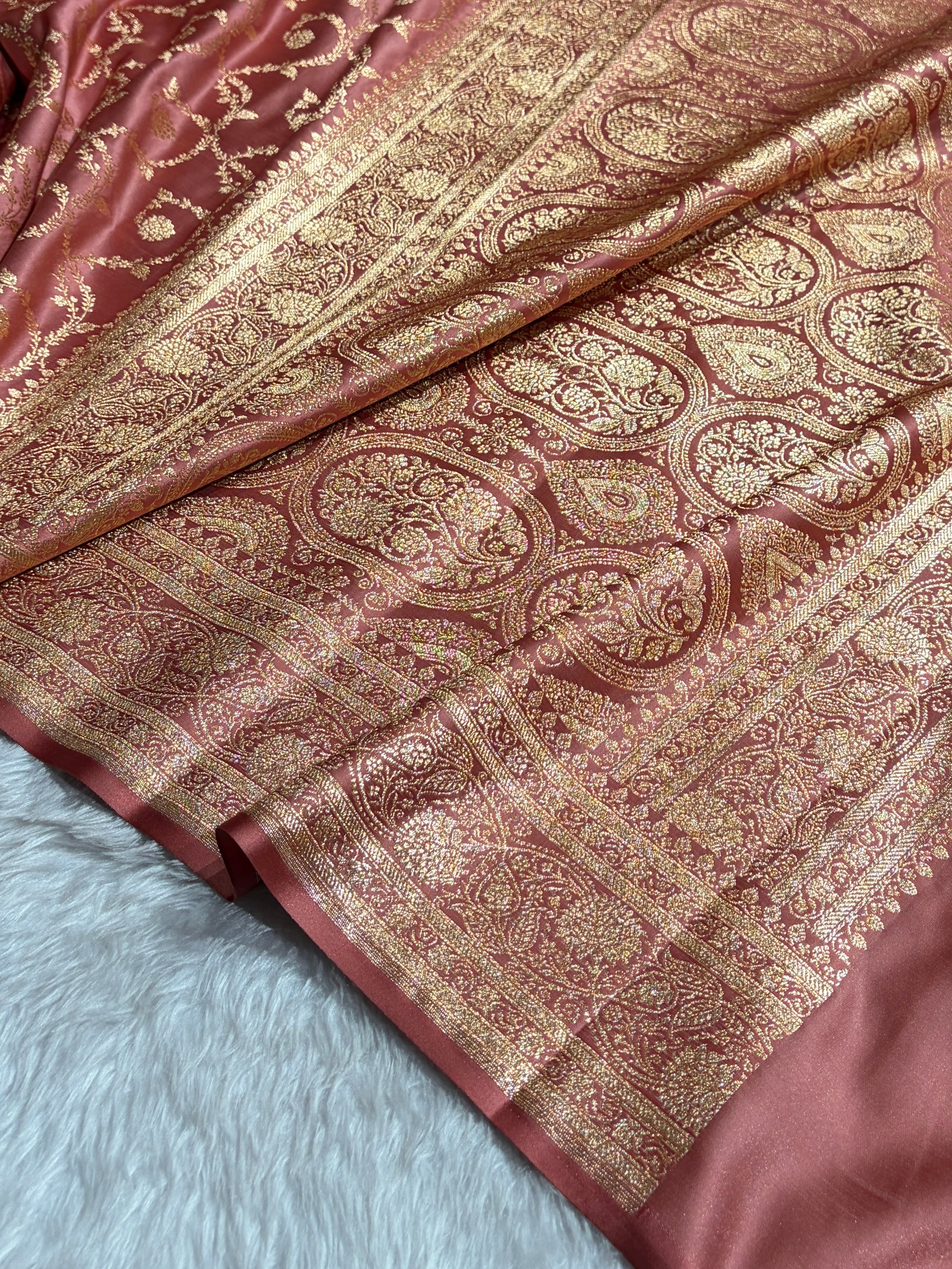 Dusty Peach Shades Floral Jaal Pattern Satin Katan Silk saree SK55