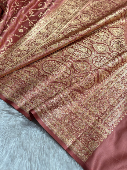 Dusty Peach Shades Floral Jaal Pattern Satin Katan Silk saree SK55