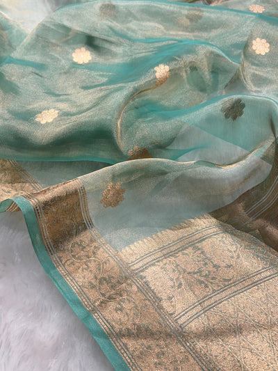 Sea Green Bananasi Floral Shades Pure Tissue Silk Saree PT-45