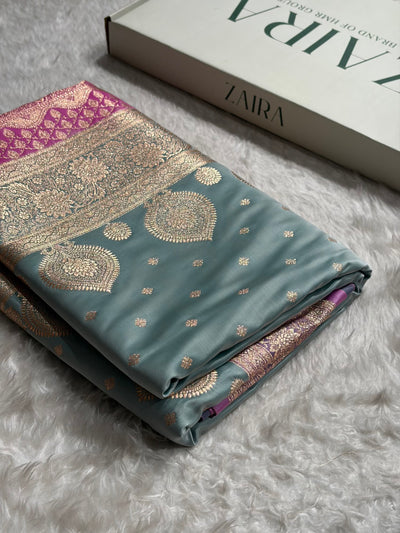 Turquoise with Lavender Booti Satin Katan Silk saree SK29