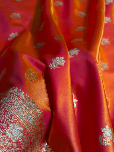 Pinkish Orange Shades Minakari Boota Pattern Banarasi Satin Silk Saree SS44