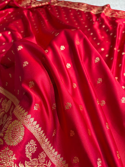 Cross Red Floral Pattern Satin Katan Silk Saree SK77