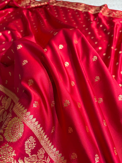 Cross Red Floral Pattern Satin Katan Silk Saree SK77