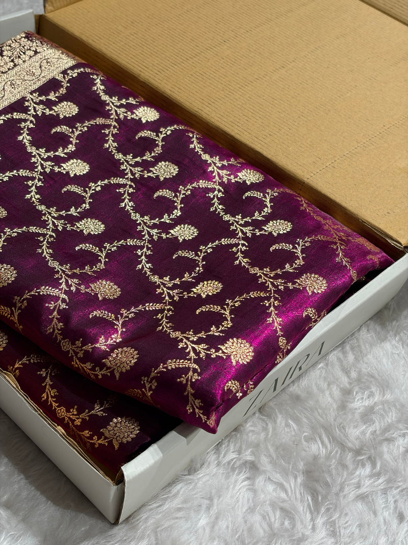 Wine Shades Jaal Pattern Banarasi Satin Silk Saree SS43