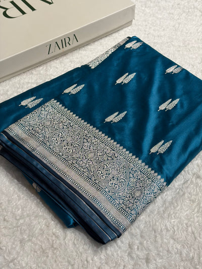 Banarasi Floral Booti Pattern in Dark Firozi Shades Floral Mashru Silk Saree MCS102