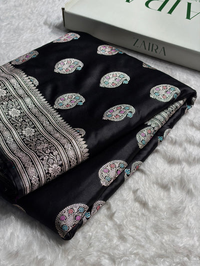 Black With Bananasi Minakari Boota Mashru Silk Saree MCS81