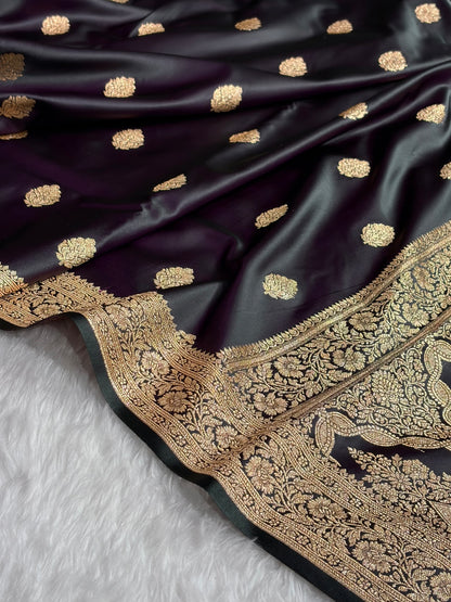 Dark Wine Treditional Banarasi Booti Pattern Satin Katan Silk Saree SK65