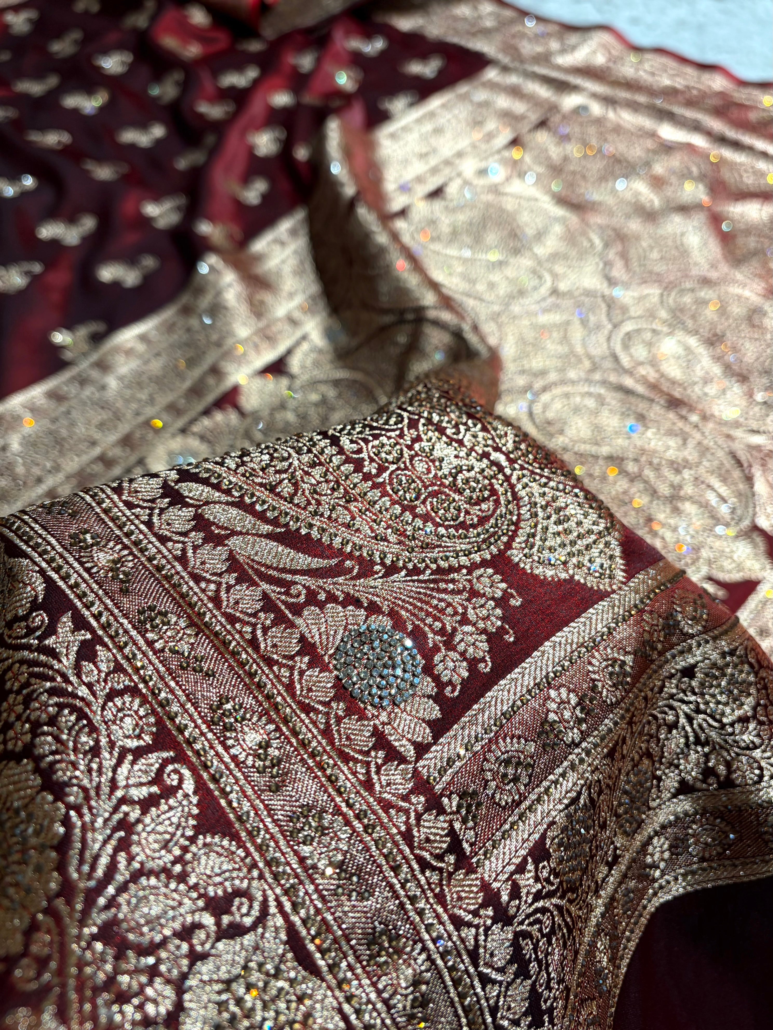 Satin Silk Saree Tredition Banarasi Swarovski Work Floral Boota in Maroon Shades BSS27