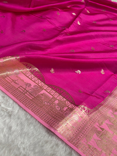Banarasi Rani With Baby Pink Contrast Shade Flower Boota Pure Caramel Mango Silk Saree CS-18