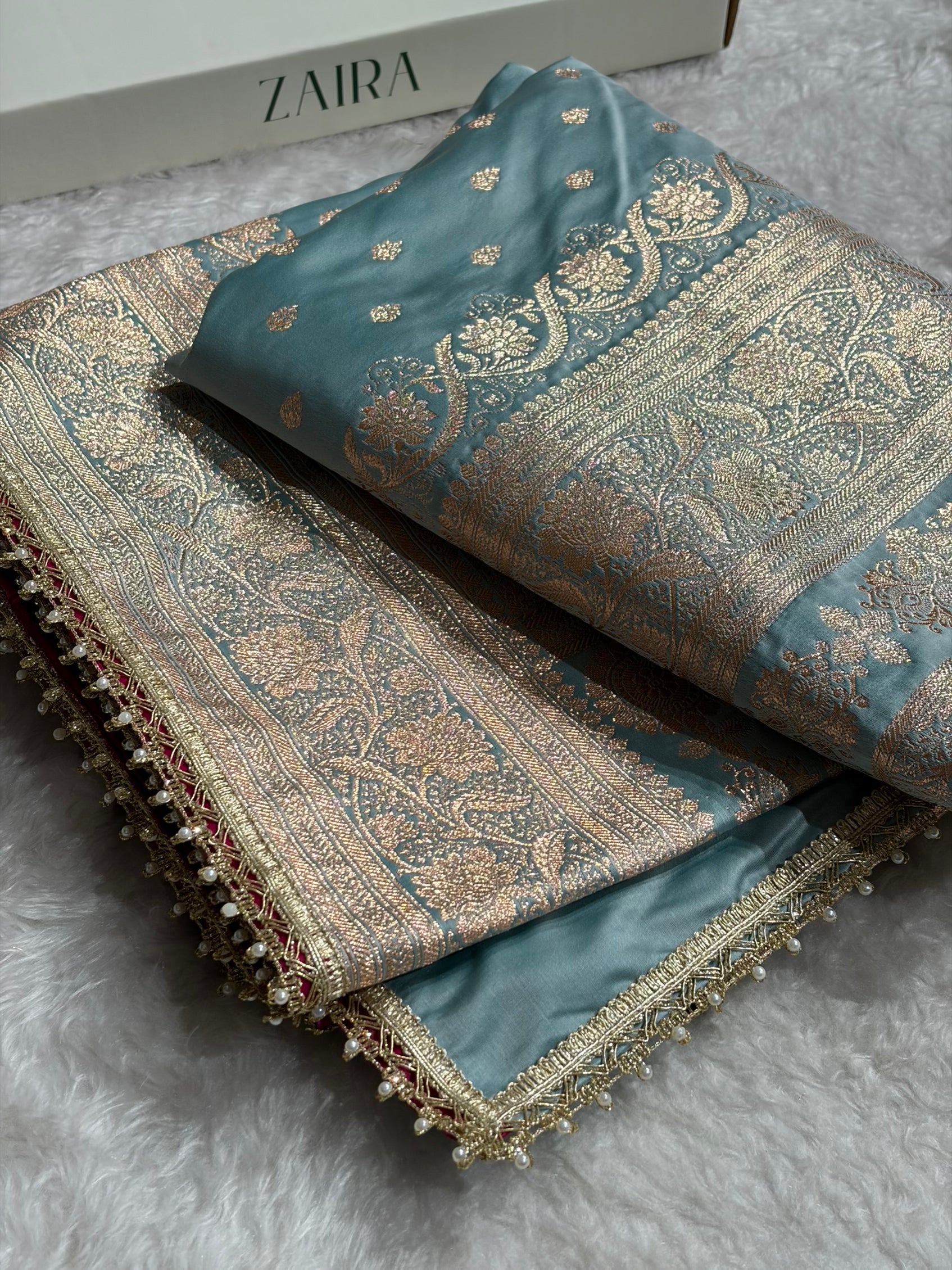 Turquoise Banarasi Satin Katan Silk Saree with gotta Patti SKGP08