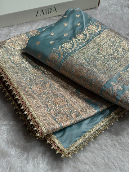 Turquoise Banarasi Satin Katan Silk Saree with gotta Patti SKGP08