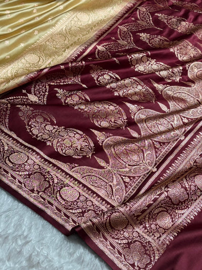 Banarasi Satin Katan Saree Floral Booti Pattern in Contrast Tusser / Garnet Shades SK153