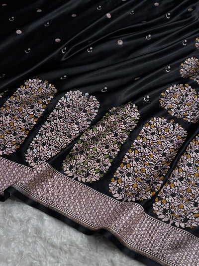 Black Shades Banarasi With Floral Minakari Pattern Mashru Silk Saree MSM-131