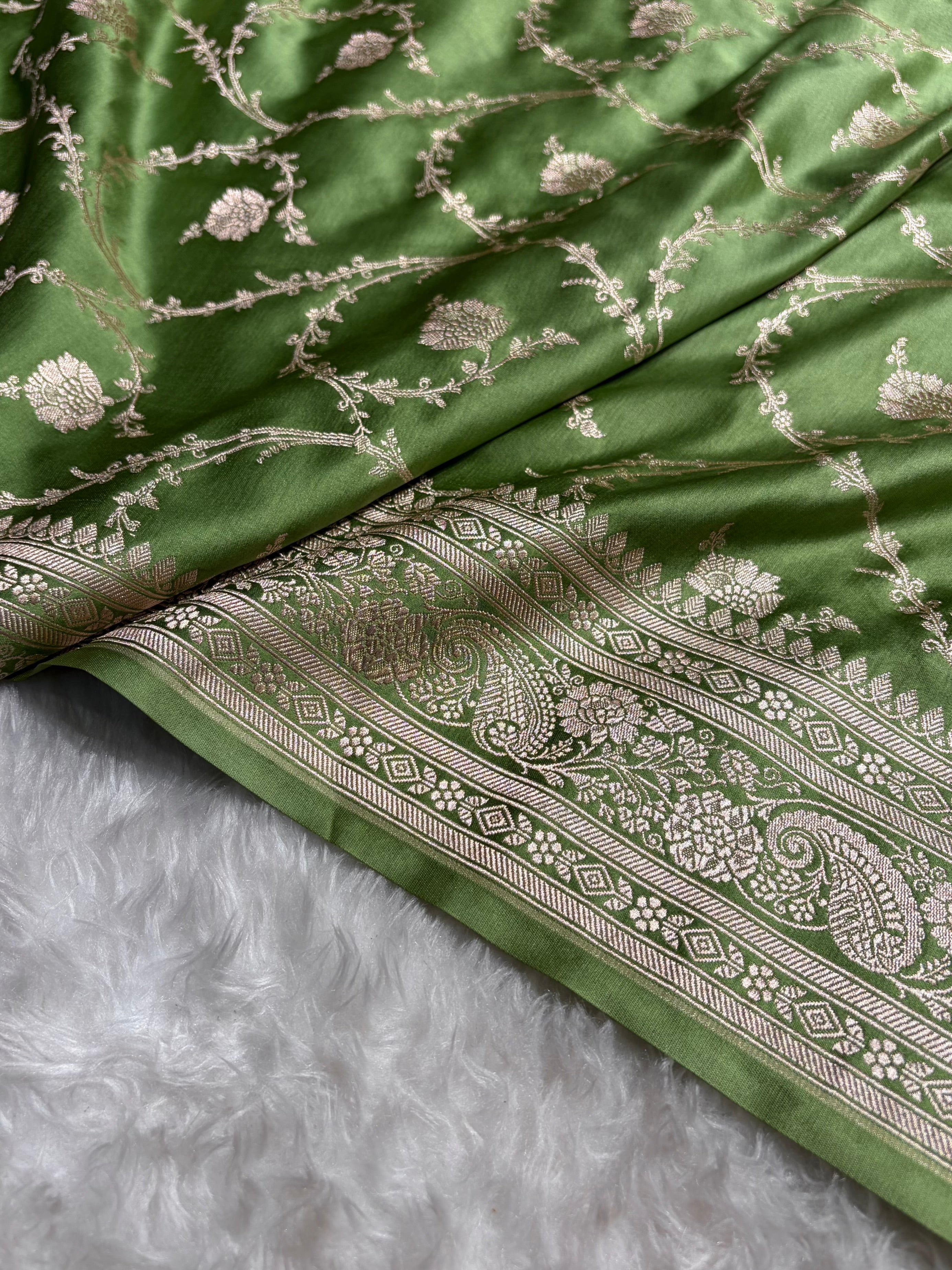 Banarasi Pista Green Shades Jaal Mashru Silk Saree