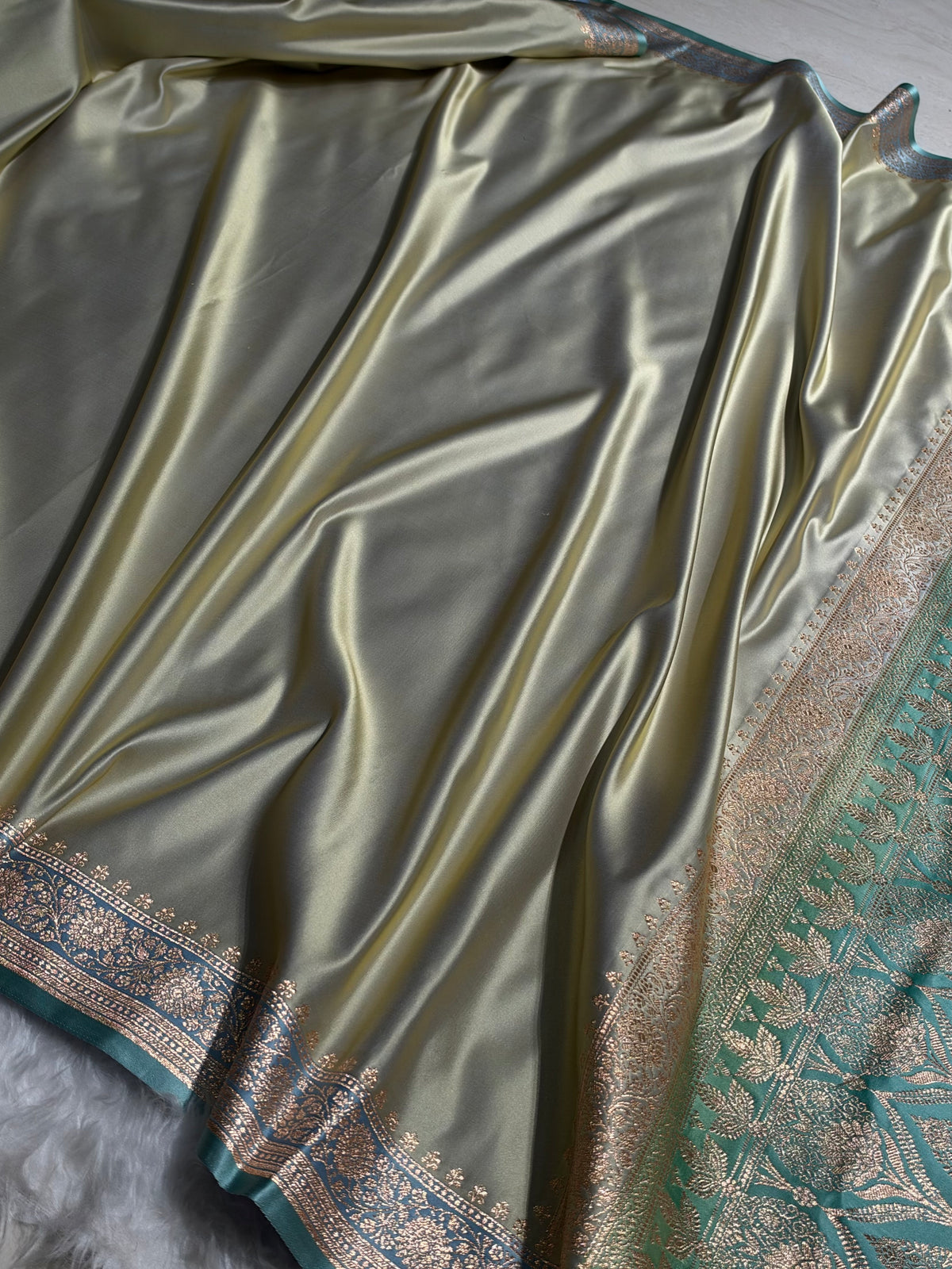 Banarasi Satin Katan Saree in Contrast Dusty Beige - Sea Green Shades SK131