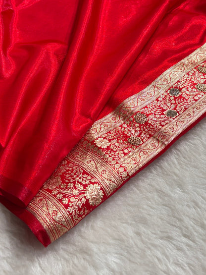 Red Shades Banarasi With Swarovski Stone Work Satin Silk Saree BSS33