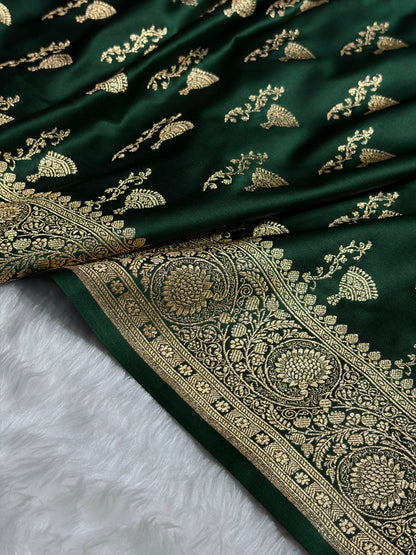 Banarasi Satin Katan Saree With Boota in Bottle Green Shades SK100