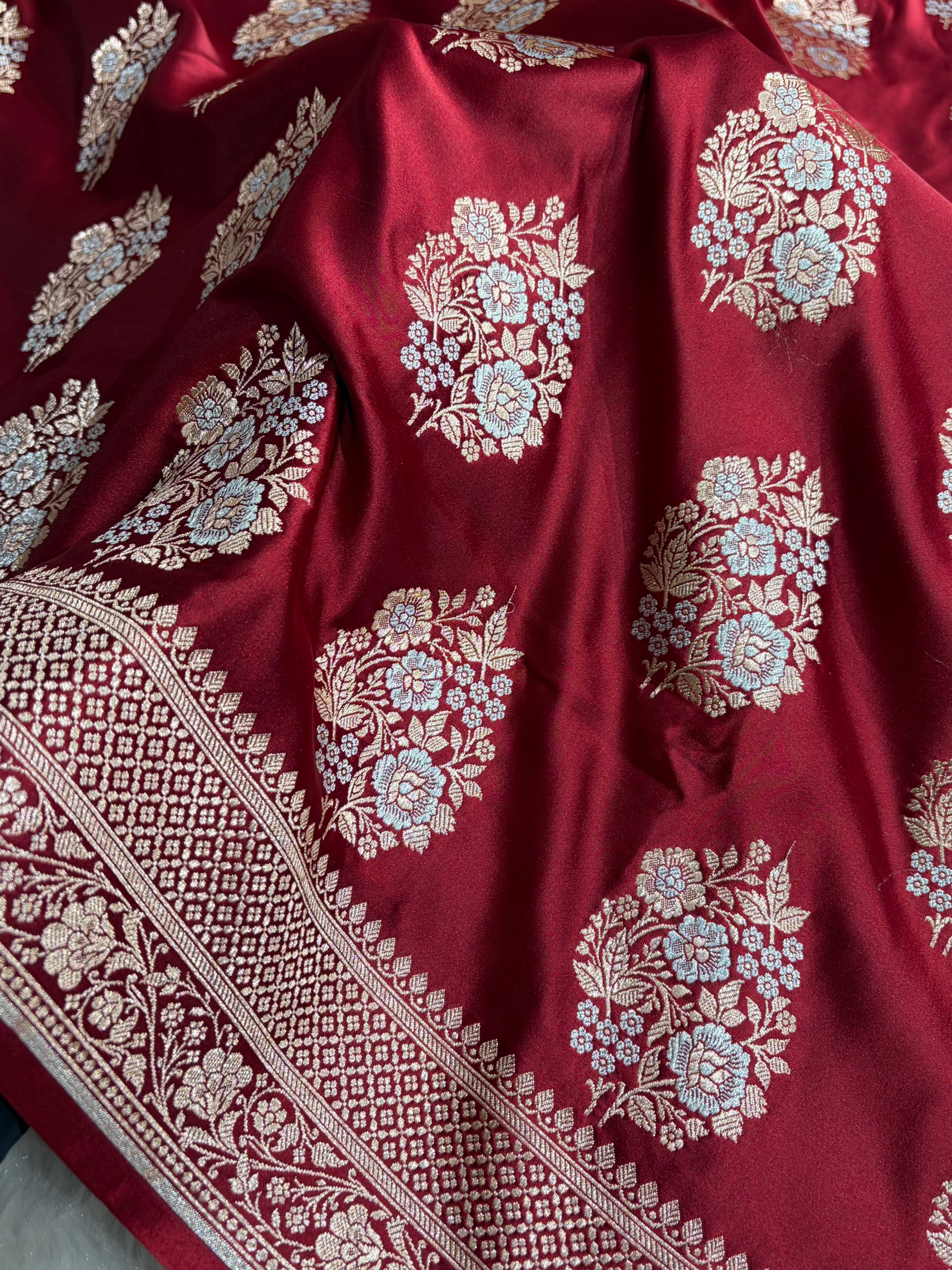 Premium Banarasi Satin Katan Saree With Minakari Boota in Maroon Shades SK93